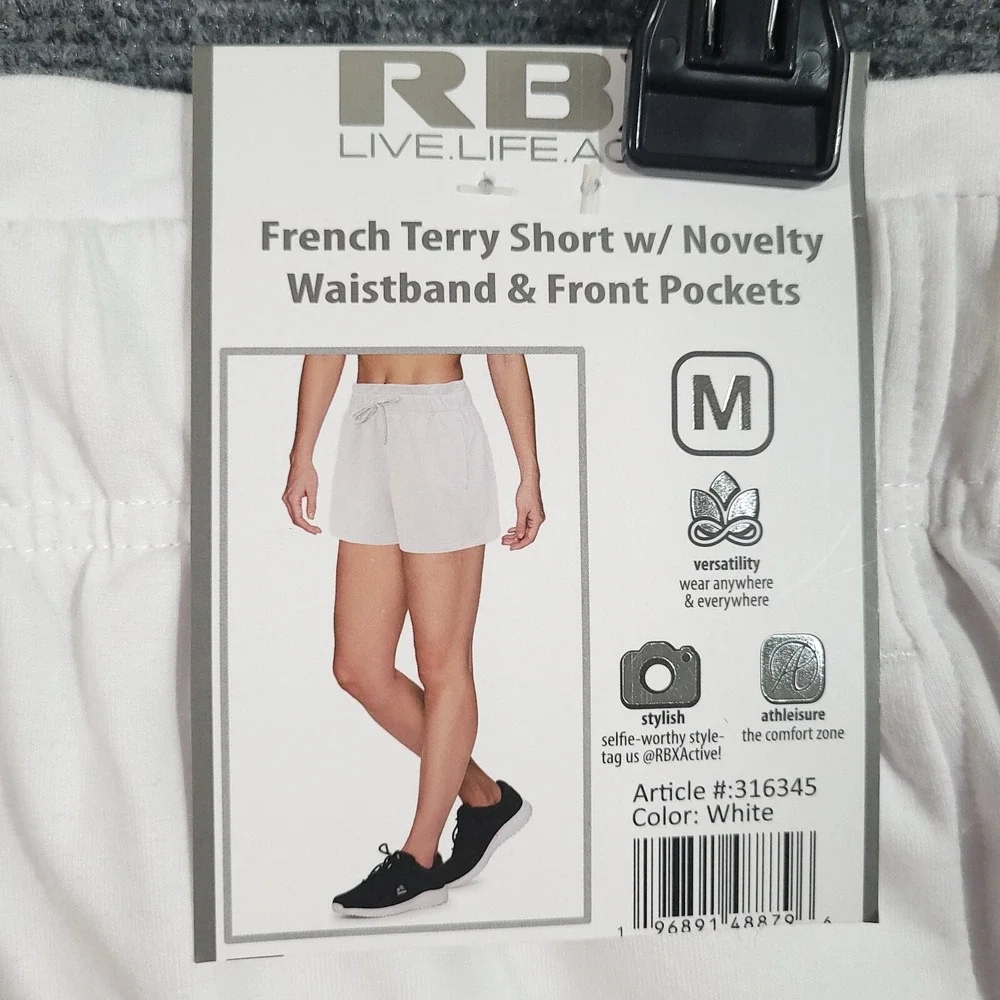 RBX French Terry Shorts Womens Medium Novelty Waistband Pockets‎ White